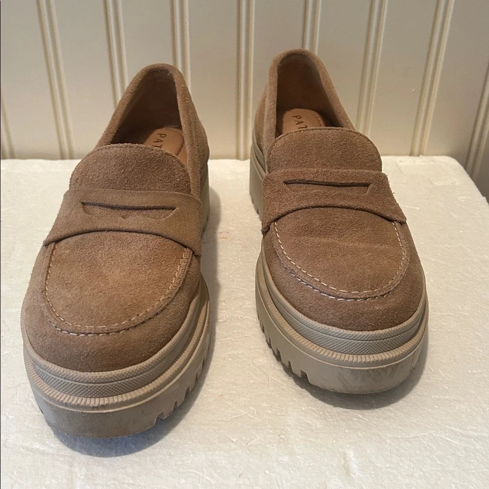 Patina chunky dental platform Tan Suede Loafers cushion leather insoles size 7